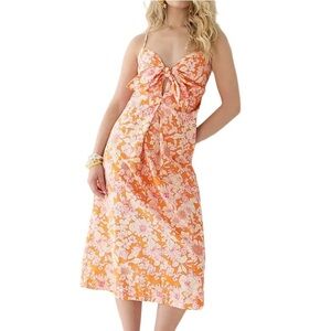 J. Crew Orange Pink Floral Tie Front Cami Midi Dress Size Small Preppy Colorful